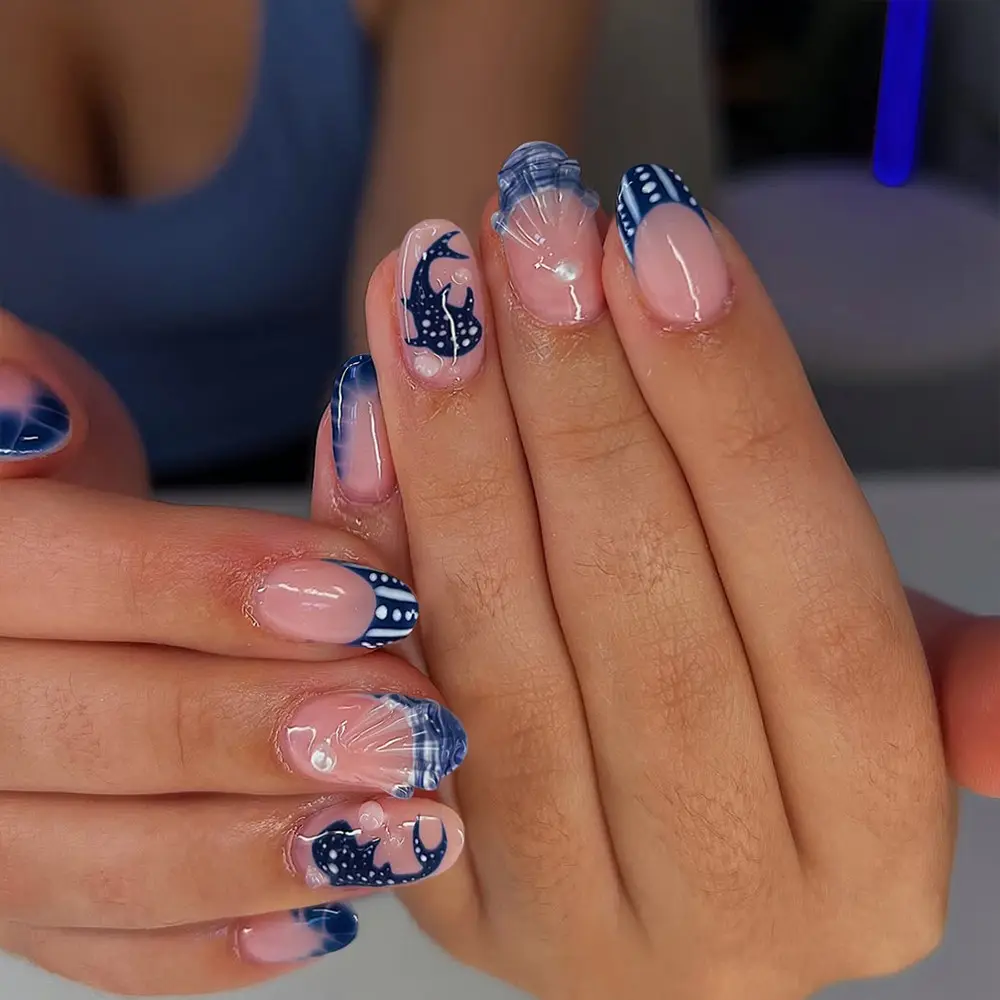 24pcs Summer Whale Shell DIY Fake Nails Set, Deep Blue Shark Pattern with Blue Stripes, French Tip, Nail Designs, Includes Jelly Glue and File, Nail Tips Kit