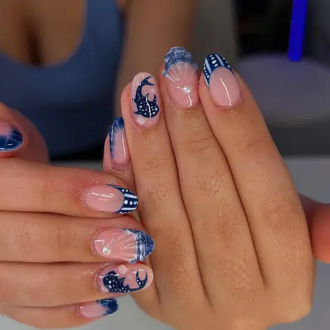 24pcs Summer Whale Shell Set, Deep Blue Shark Pattern with Blue Stripes, French Tip, Nail Designs, Includes Jelly Glue and File, Nail Tips Kit, Nail Art Products