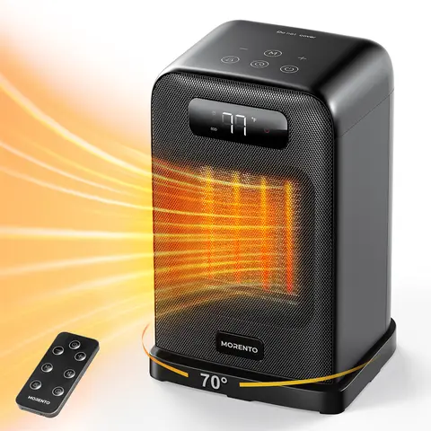 MORENTO Durable Corded Compact Home Portable Indoor Space Heater - 110V Plug, 7*7*11 inch, 1500W Max, 900w gentle heat, LED Display, Silent Operation, Adjustable Heating Temperature, Thermostat, Heat+Fan Modes, Auto Shut-Off Safety, 30s Heat Countdown