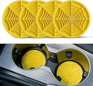 4PCS Spider Web Car Coasters for Cup Holders, Halloween Funny Non-Slip Silicone Insert Ornaments Coasters, ( yellow)