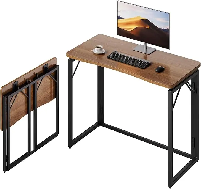 JOYMOOP Folding Desk - Brown, No Assembly Small Foldable Desk for Home, Office, Wooden Top Folding Computer Desk for Working, Writing, Studying