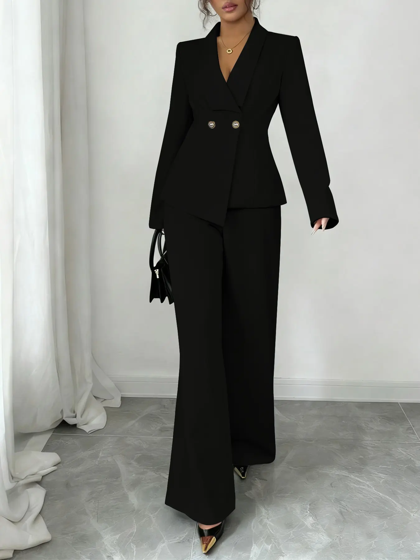 Women's Two-Piece Set Autumn Winter Casual Everyday Elegant Chic Formal Plain Color Black Suit Jacket Long Sleeve Slim Fit Blazer & Wide Leg Pants M2636 Womenswear Lady