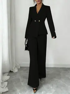 Women's Two-Piece Set Autumn Winter Casual Elegant Plain Color Suit Jacket Long Sleeve Slim Fit Blazer & Wide Leg Pants M2636