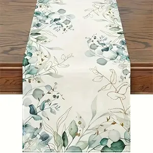 5-piece/7-piece set of table flags and placemats, washable, beige eucalyptus leaf green tablecloth, seasonal spring and summer linen tablecloth, dining table holiday decoration, kitchen, family gatherings, gifts, party decoration