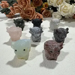 Ig Crystal Various Types Of Natural Crystal Cute Highland Cattle Statue Home Decoration Scottish Highland Cattle Calf Statue Couple Gift, Living Room, Bedroom, Bookshelf, Cabinet, Office Desktop Decoration Ornaments-3 Count