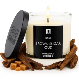 Brown Sugar & Oud Luxury Scented Soy Candle 6 Oz with Black Lid Vegan Paraben Free Long Lasting Aroma Gift