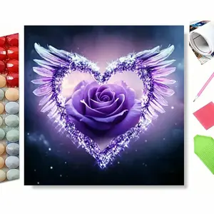 Purple Rose Heart Wings Diamond Painting Kit - Glitter Crystal Rhinestone Embroidery, 5D DIY Romantic Home Wall Decor for Bedroom & Living Room, Unique Love-Themed Art Gift