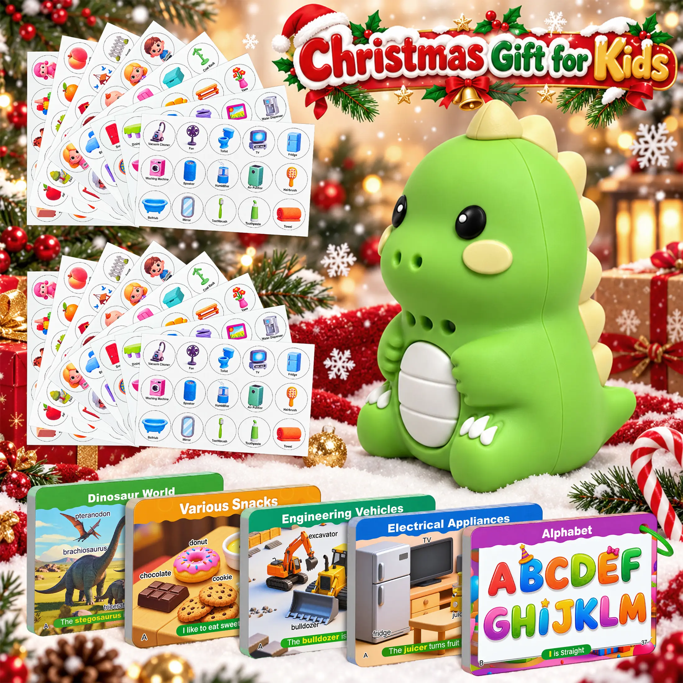 FHXIUA Dinosaur Talking Flash Cards with 2 Sets 16 Stickers & 56 Cards 629 Words, Dino Speech Toy for Toddlers Autistic Kids Non Verbal Learners Friendly, Teach Independence, Rechargeable, American Accent, Phonics, Speech Therapy