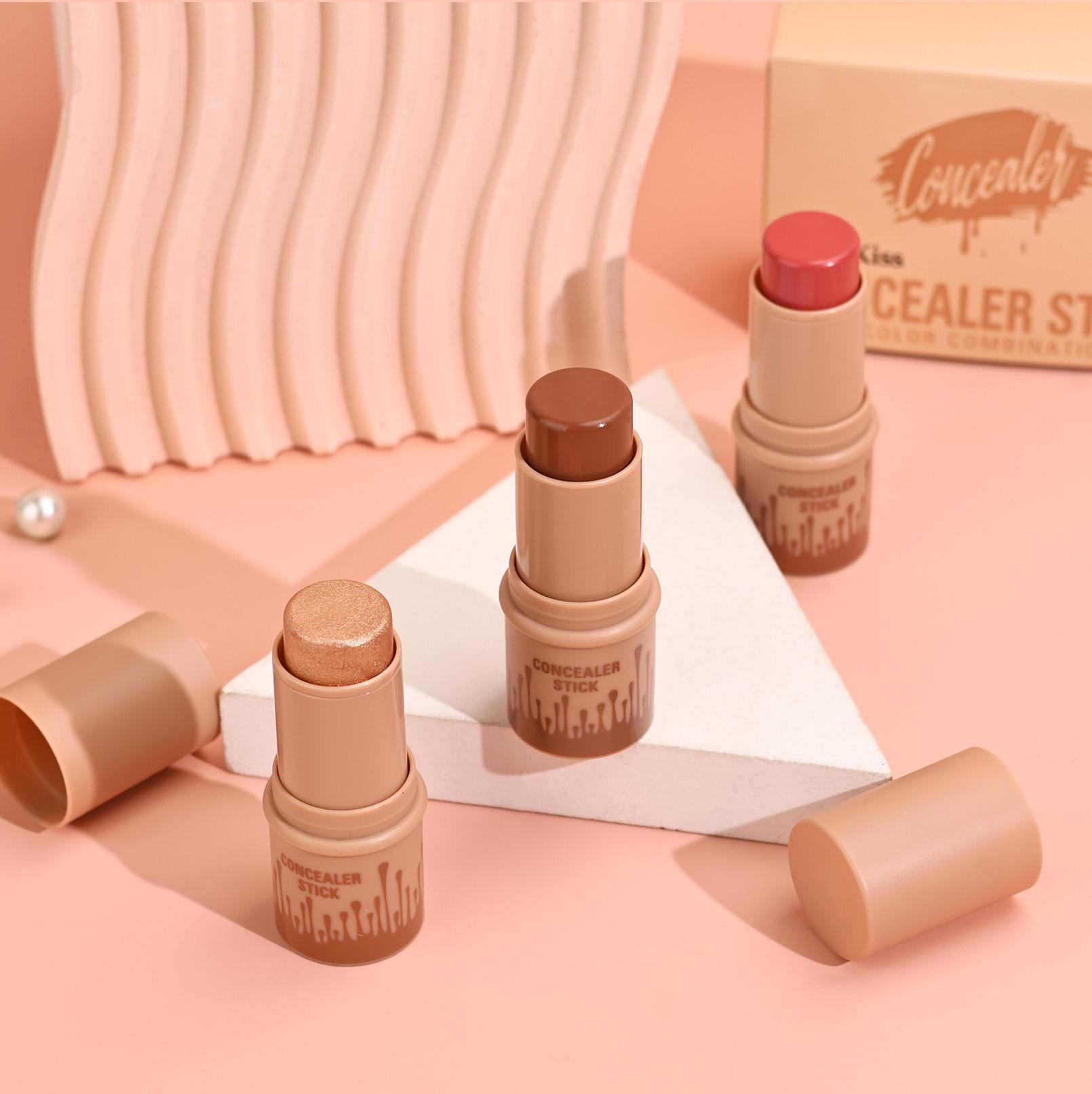 HelloKiss 3-Piece Contour Stick Set Highlight Contour Blush Stick Cream Blush for All Skin Tones Makeup Cosmetic Long-Lasting Transfer-Proof Buildable Formula - Blend, Brush