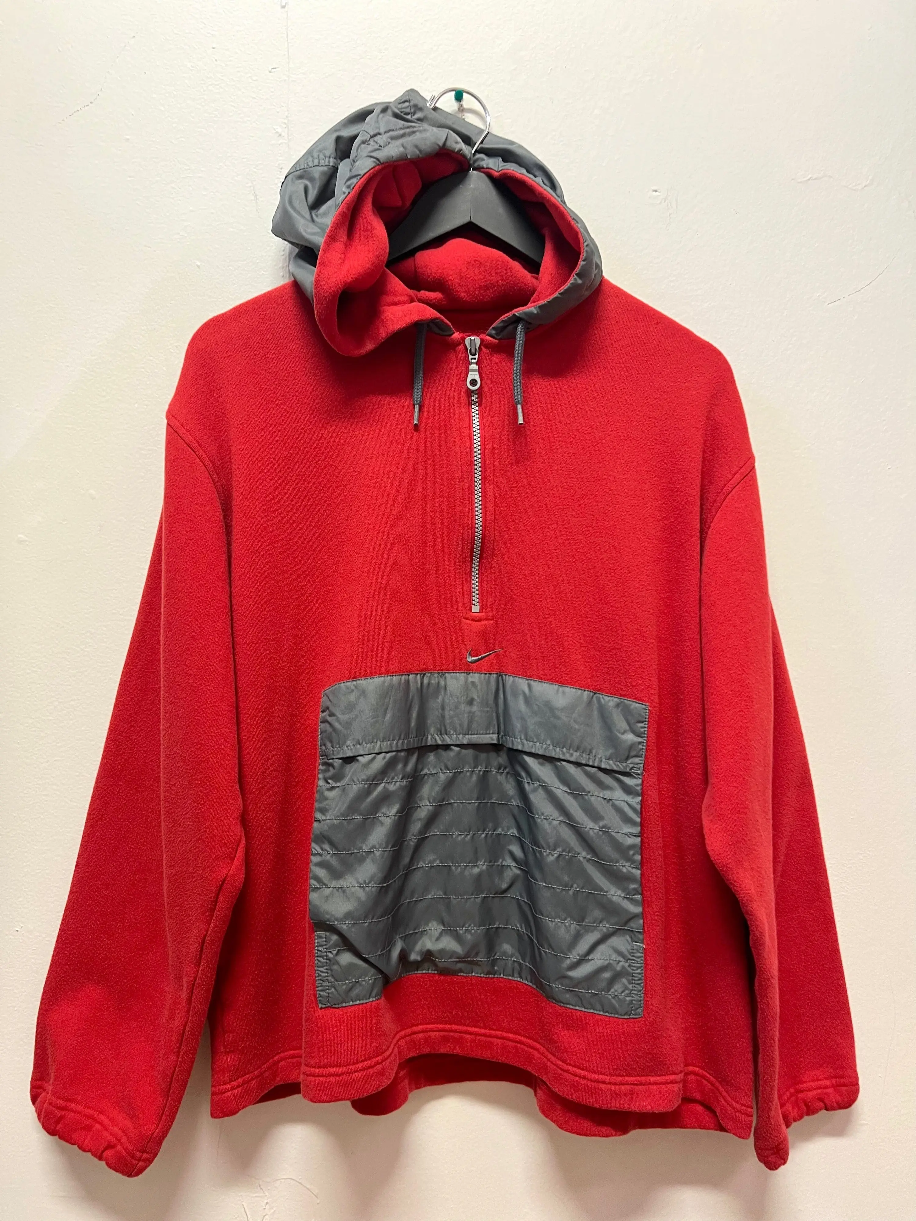 Vintage Nike Center Swoosh  Red and Gray 12 Zip Fleece Hoodie Sz XL