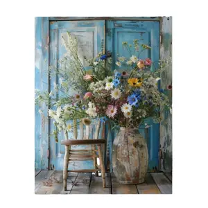 Stunning 2D Frameless Artistic Floral Aluminum Wall Art, Wildflowers in Vase with Rustic Chair & Door Elements, Large Modern Home Decor, Artwork