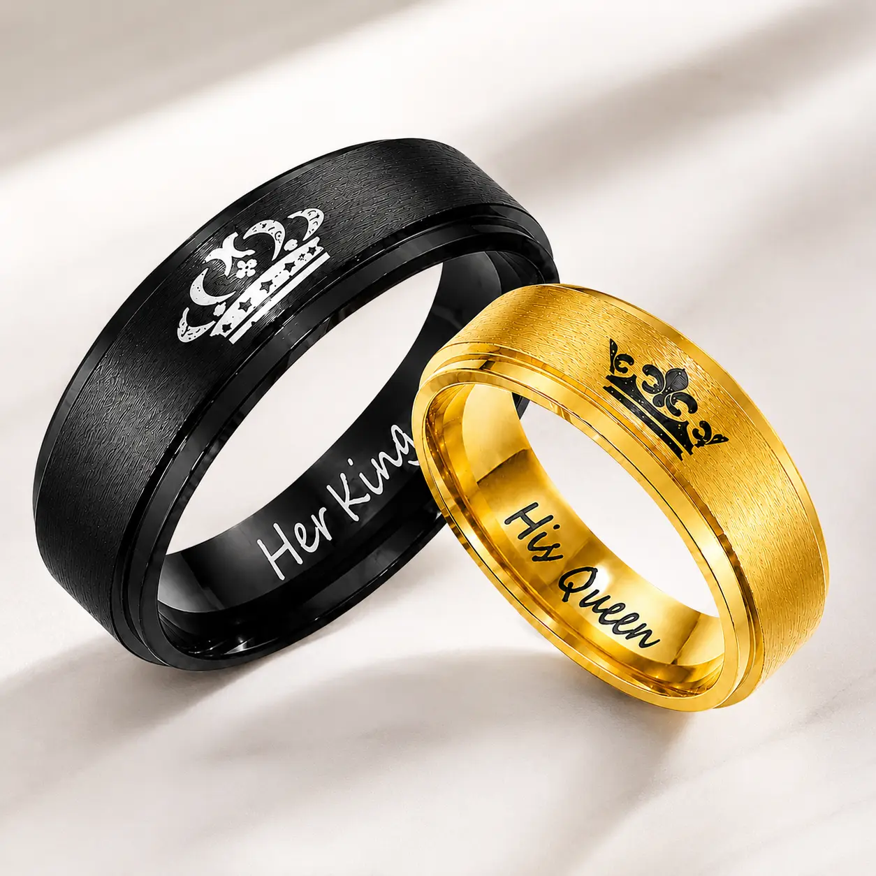 His Queen Her King Couples Rings Set, Crown Matching Promise Rings for Couples, Stainless Steel His & Hers Wedding Bands, Gold/Black 30% off