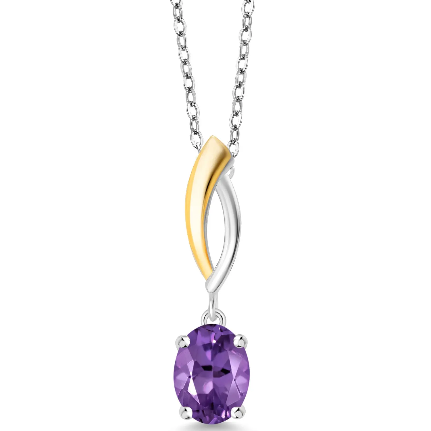 1.15 Ctw Purple Amethyst 925 Silver and 10K Yellow Gold Pendant Necklace For Wonen | Oval 8X6MM | Gemstone Birthstone | With 18 Inch Silver Chain