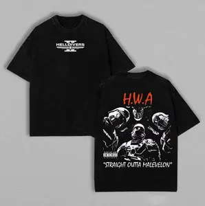 Helldivers 2 H.W.A Straight Outta Malevelon Vintage Acid Wash Graphic T-Shirt - Premium Heavyweight Cotton Oversized Streetwear Tee for Gamers and Defenders