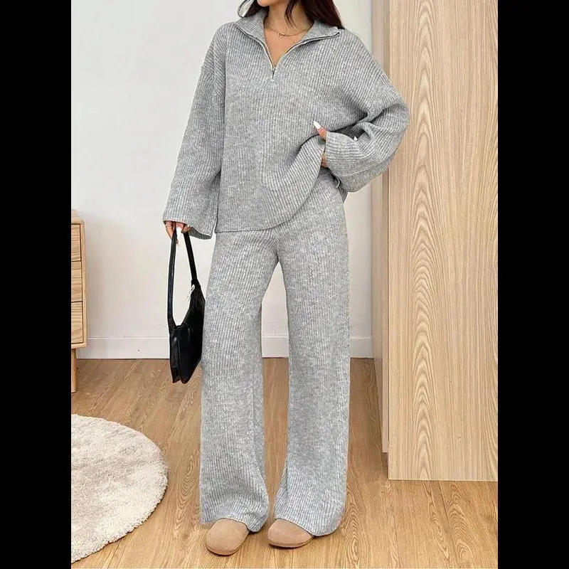 【Plus Size】 Women's Solid Drop Shoulder Sweater & Knit Pants Two-piece Set, Casual Fashion Cozy Knitwear Set for Daily Outdoor Wear, Women Plus Clothing for Fall & Winter