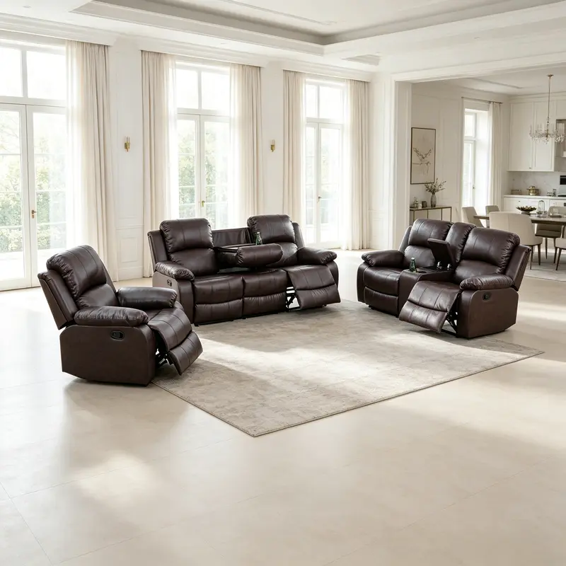 Retro Semi-PU-PVC Faux Leather Convertible Chaise Conversation Sofa Set - Indoor Floor Sofa Lounge, Faux Leather Couch, Delicate Texture, Low-Maintenance, Quick Clean-Up, Adjustable Arms, Assembly Required, Ideal for Friends, Homebody Lifestyle