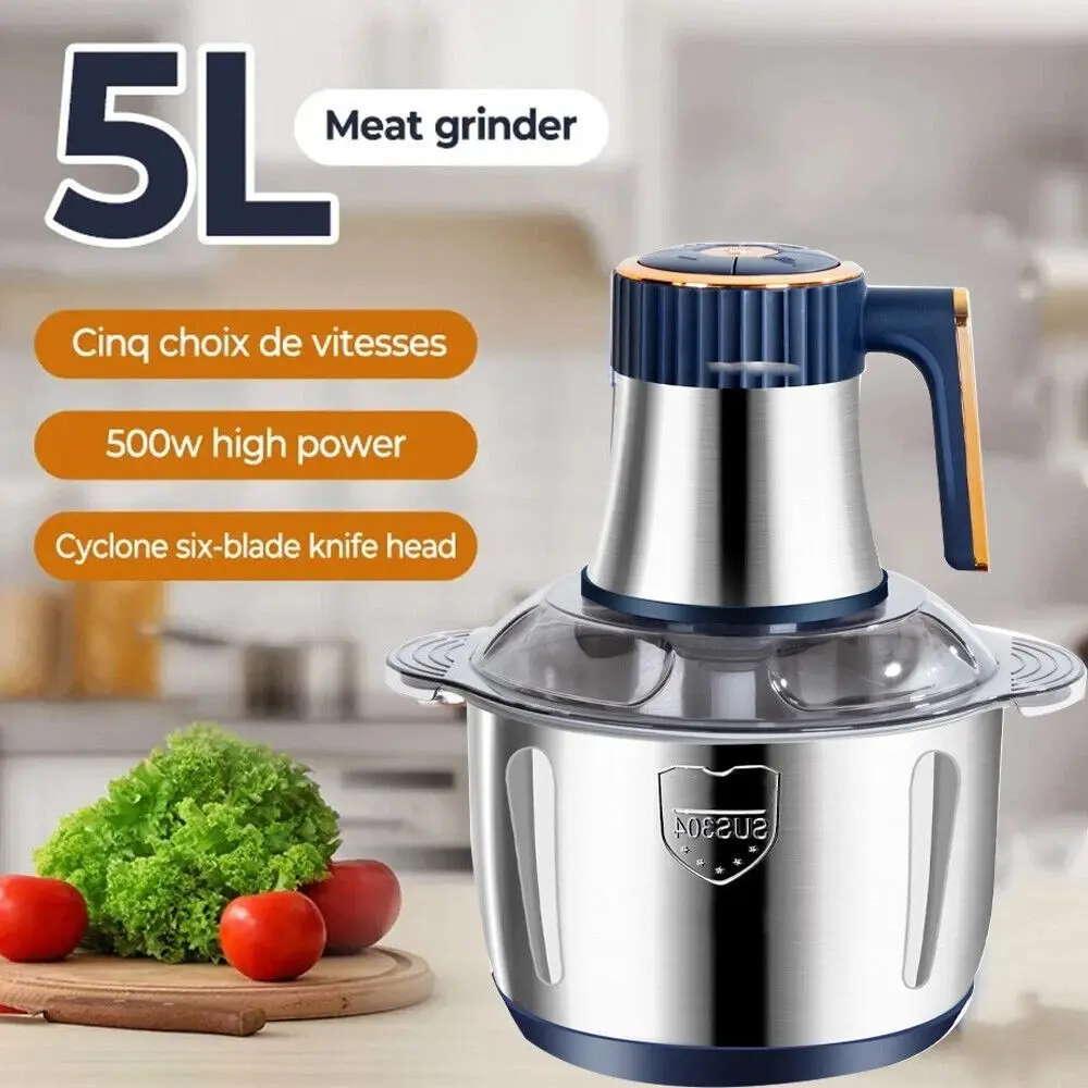 500W Multifunctional Electric Kitchen Chopper - 5L Stainless Steel Salad Chopper, Secure Meat Mincer, Mixer with Plum Connector & Thermal Safety for US Households (Multifunctional Food Processor), 110-220V