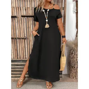 Plus Size Long Dress Casual Daily Off Shoulder Solid Color Slit Hem with Side Pockets Simple Style Women's Summer Dress