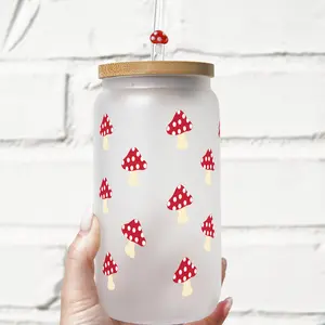 Red Mushroom 16oz Glass Tumbler with Lid & Plastic and Glass Straws, Cottagecore Aesthetic