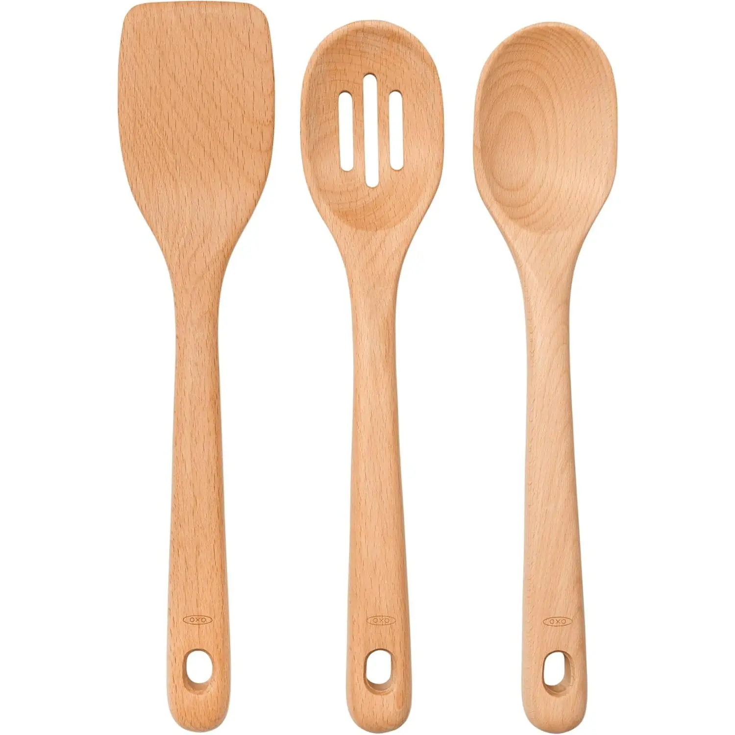 OXO Good Grips 3‑Piece Wooden Utensil Set, Solid Beachwood Spoon, Slotted Spoon and Turner