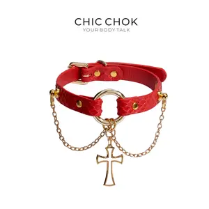 CHICCHOK [Temptation] - Hot Red Python Textured Cross and Chains Adjustable Fashion Choker