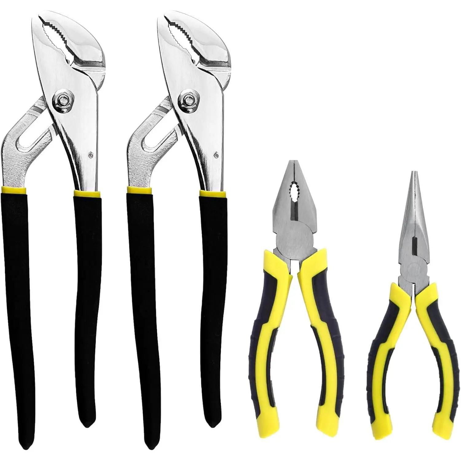 4-Piece Pilers Set with10 Inch Groove Joint Pliers, Adjustable Wrench and 6 Inch Long Nose, Lineman's Pliers for Home Use and DIY Project