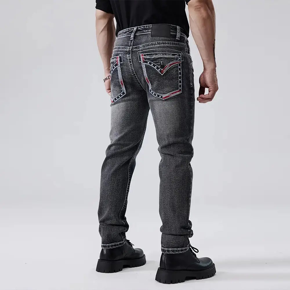 Men’s vintage washed stretch denim jeans, minimalist, premium fit, distressed look, unique back pocket design—versatile for biker, street, and casual outfits.