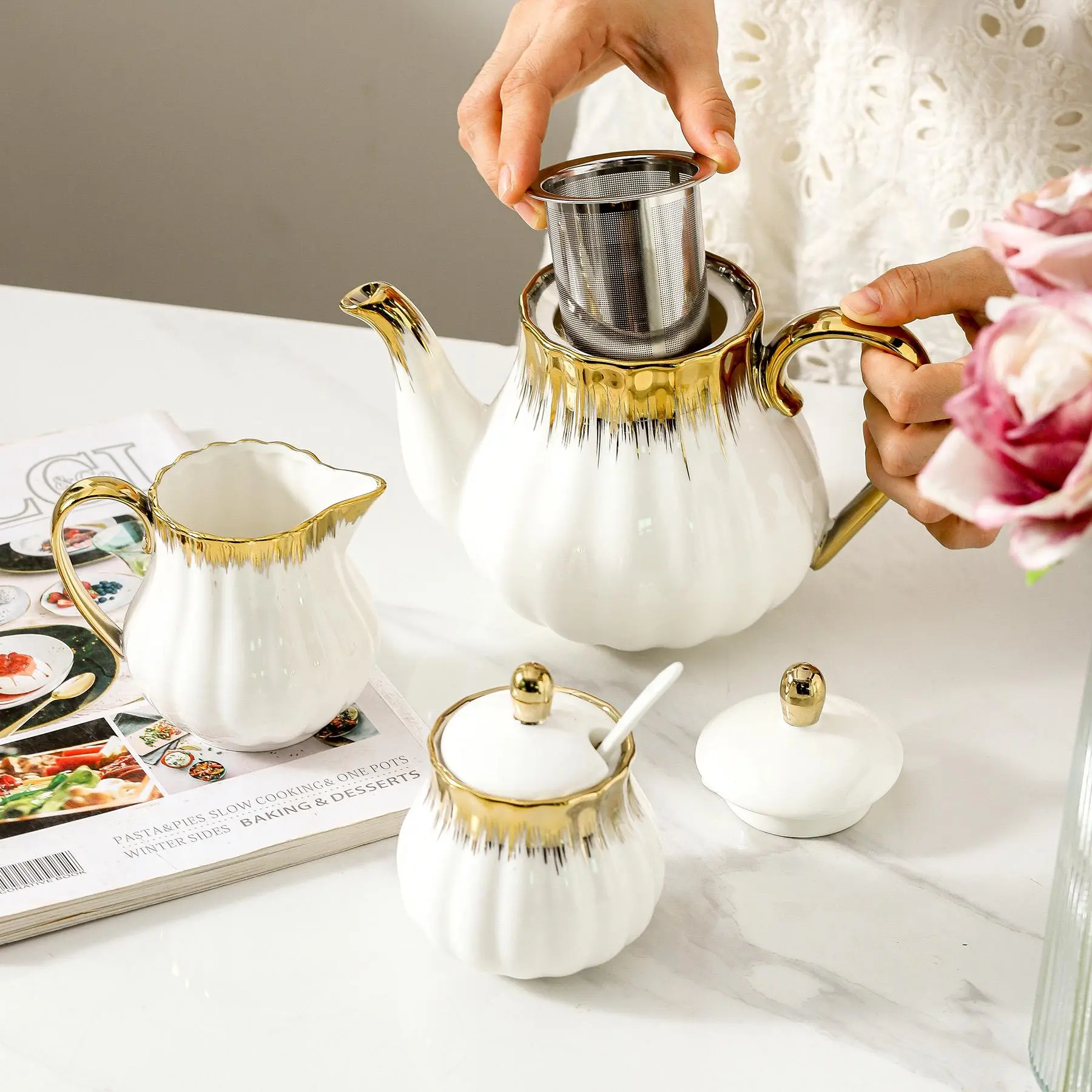 Ceramic Teapot with Lid & Handle, 1 Count European Style Tea Pot with Filter Or 3 Counts/set Sugar Jar & Spoon & Jar, Tea Making Tool for Home Office Use, Gift for Friend, Serving, Tea Pot Sets, Kitchenware