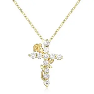 NECOCY Dainty Fashion Zircon Rose Flower Cross Pendant Necklace for Women Trendy Simple Small Cute Aesthetic Non Tarnish Waterproof Necklaces Christian Religious Faith Jewelry Gifts