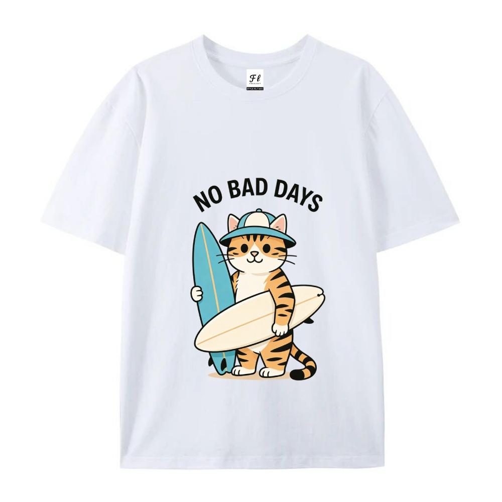 No Bad Days Surfing Cat Graphic Print Tee Oversized Short Sleeve Unisex T-Shirt with Cartoon Pattern and Drop Shoulder Design Crewneck Top Menswear