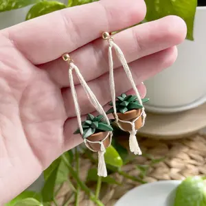 Miniature Macramé Plant Earrings (Handmade by me!), polymer clay, dangle earrings, Macramé Hanging Plant Earrings