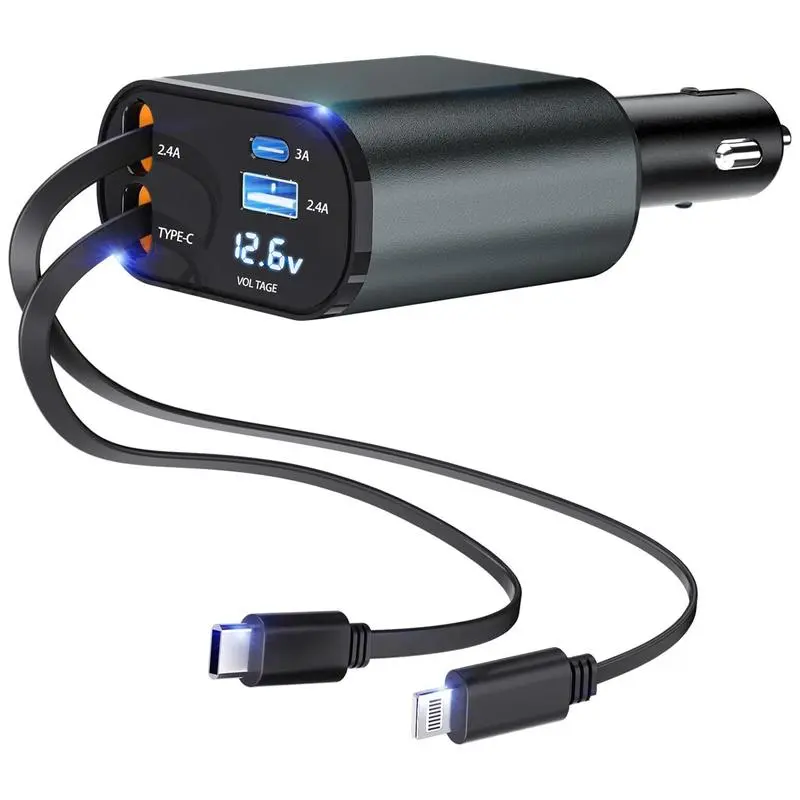 100W 4-in-1 Retractable Car Charger - USB-C Fast Adapter with Lightning Cable & Dual Ports, Auto Vehicle Car Interior Accessories for iPhone Charger Compatible Devices