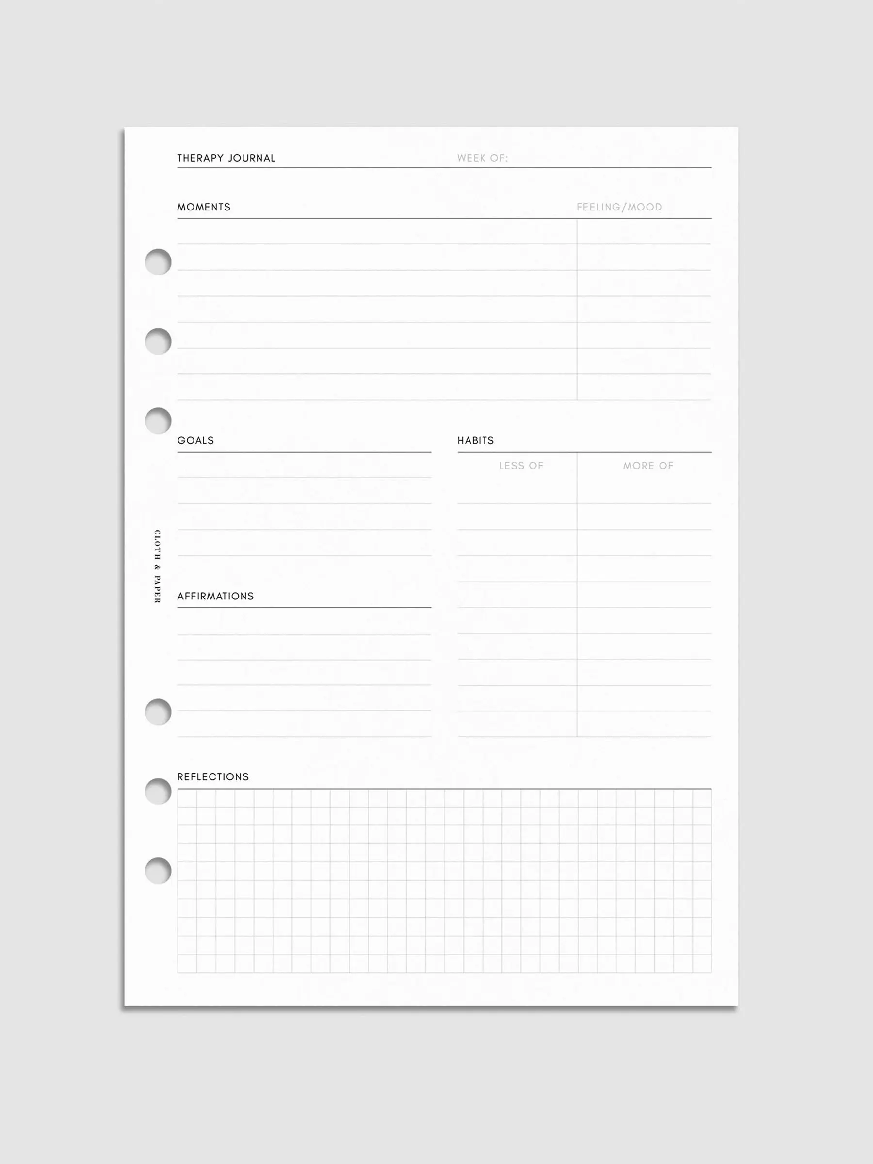 Therapy Planner Inserts - Blank Design with Sections for Debriefing, Motivational, Goals, Attendance, and Reflections