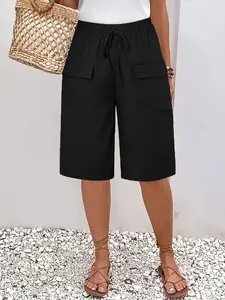 Women's Casual Basic Loose-Fitting Shorts with Pockets, Summer Fashion Five-Point Short Pants, Natural Waist Design, Solid Pattern, Womenswear