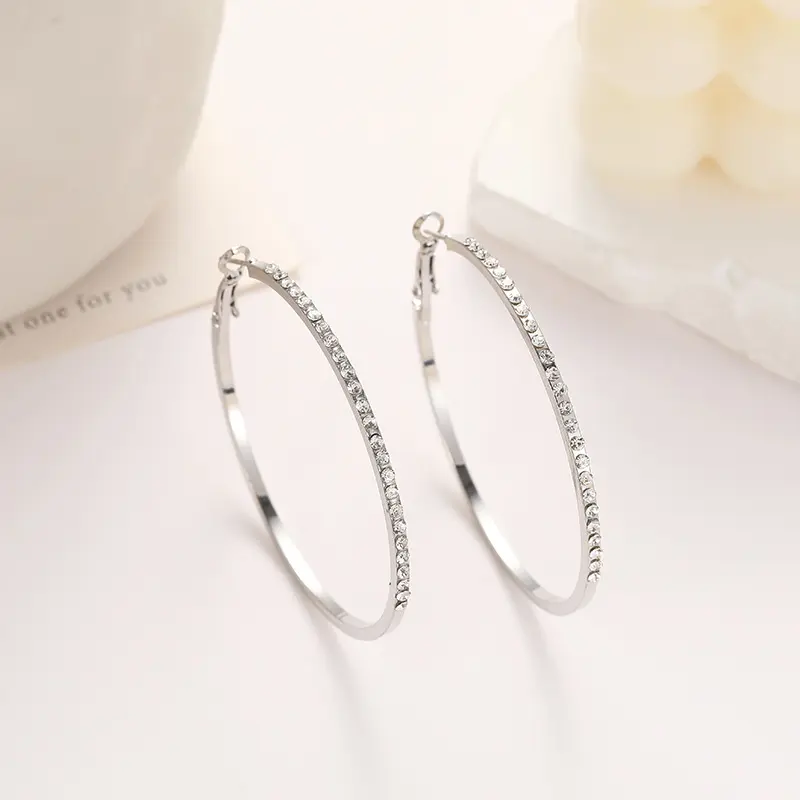 Women's 5cm Plain Elegant Silver Rhinestone Hoop Earrings, Fashion Costume Jewelry Accessory