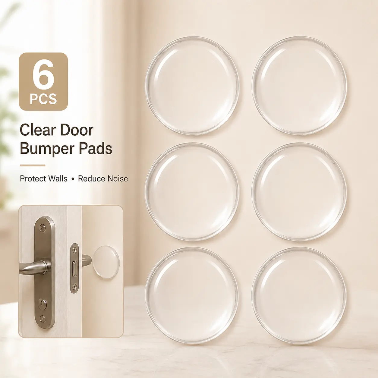 6 Pack Clear Door Wall Protector Pads, 2 Inch Self Adhesive Silicone Bumper Guards for Door Knobs, Quiet Cabinet Door Stopper Pads, Wall Protection for Home, Bedroom, Office, Cabinets