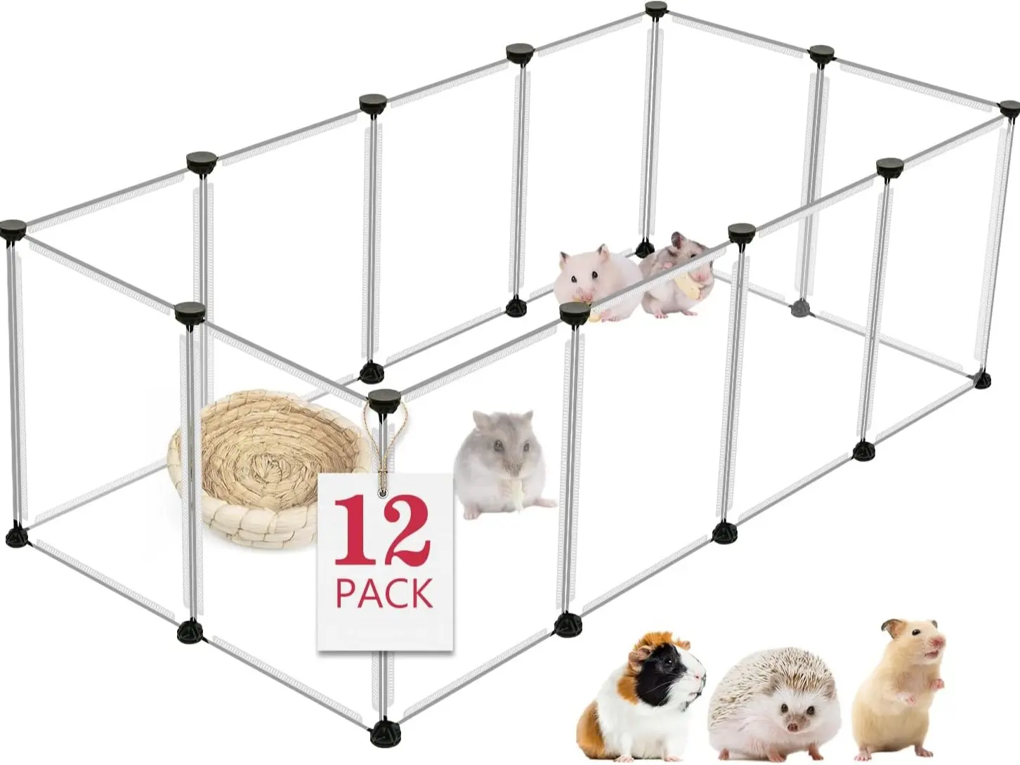 12 Panels Transparent Small Animals Playpen, 48" x 24" x 16" Portable Pet Playpen,Plastic Enclosure,Puppy Play Pen for Indoors Outdoor Pet Fence