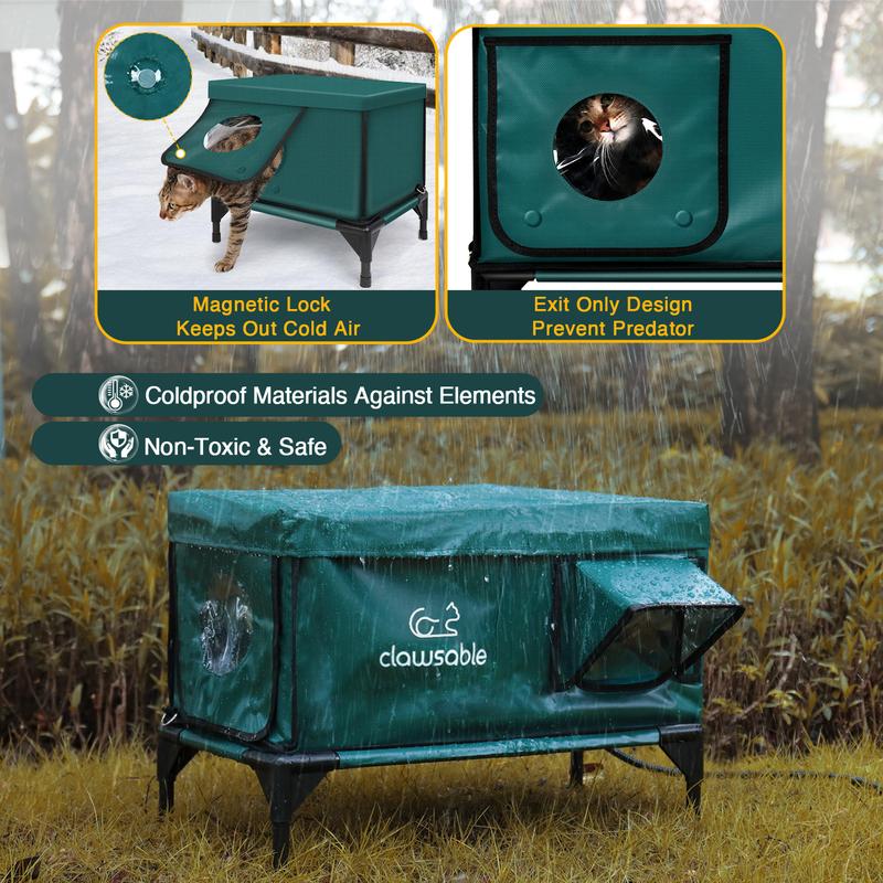 Indestructible Heated Cat House for Outside Cats Winter, 100% Weatherproof, Safe Escape Door, Insulated Outdoor Cat Shelter with Heater for Feral Barn Cat Kitty
