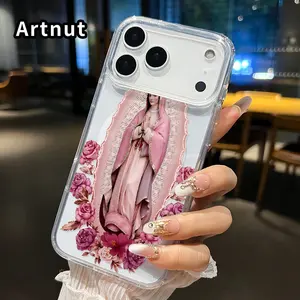 Pink Robed Madonna Pattern Magnetic Phone Case for iPhone 17 16  Pro Max Plus 15 14 13 12 11 Air E Anti-Yellowing Shockproof Lightweight Transparent Acrylic Large Hole Soft Cover Supports Wireless Charging