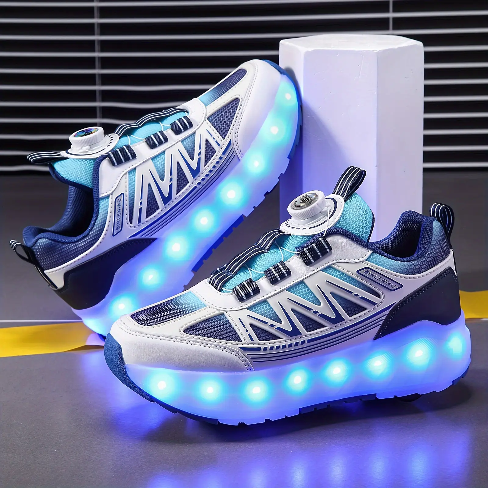 Boys' LED Light-Up Roller Skate Sneakers Rechargeable Breathable Mesh Upper Easy Twist Buckle Closure All-Season Outdoor Casual Shoes with Glowing Blue LED Lights Skate Shoes Thick Soled Eva Trainer Footwear - Skater-DMA