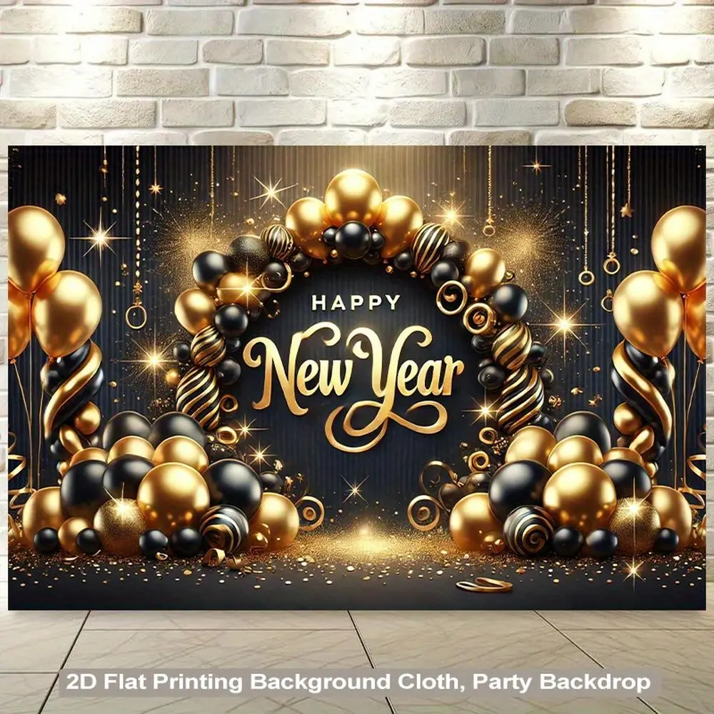 1pc Black-Golden 2D Flat Polyester Wishing Banner, Cordless Easy-Hang Party Decoration Backdrop with Golden Balloons, Happy New Year Text, for Home Photo Booths, Ceremony Events, New Year Wishes Set a Festive Mood