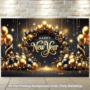 1pc 2D Flat New Year Party Backdrop Golden Balloons Happy New Year Text Elegant Black & Golden Decoration for Home Office Wedding Birthday No Electricity Needed Easy Hang Wallpaper like Banner for Photo Booths Event Ornaments