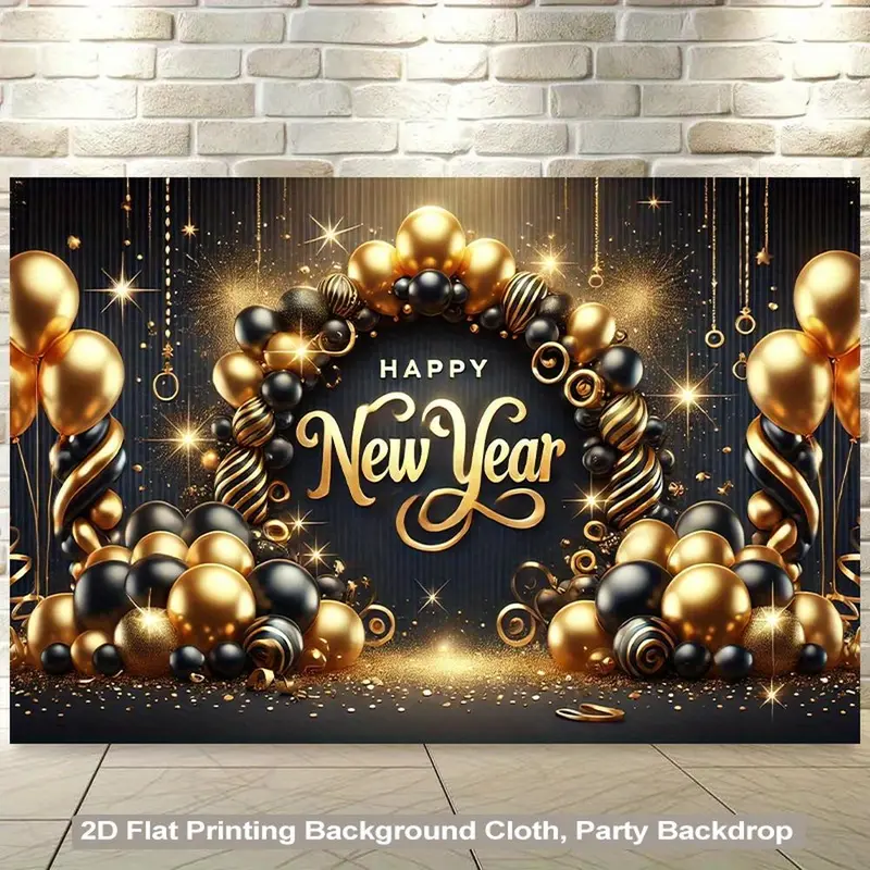 1pc Black-Golden 2D Flat Polyester Wishing Banner, Cordless Easy-Hang Party Decoration Backdrop with Golden Balloons, Happy New Year Text, for Home Photo Booths, Ceremony Events, New Year Wishes Set a Festive Mood