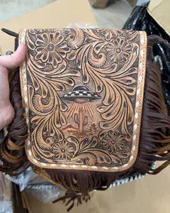 Genuine hand tooled leather fringe crossbody bag