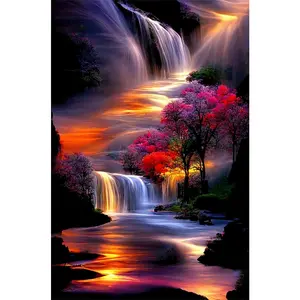 1PCS DIY Diamond Painting Kit Waterfall Landscape with Cherry Blossom Trees and Sunset Reflection Rhinesto