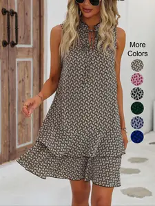 Women's Geometric Print Bow Dress, Casual Fitted Woven Dress, All-Seasons Wear, Multi-Layered Cake Skirt Design, Summer