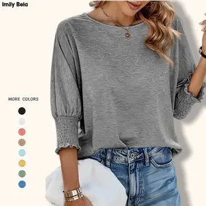 Imily Bela Women's 3/4 Sleeve Casual Tops Solid Color Crew Neck Loose Fit Shirts Blouses
