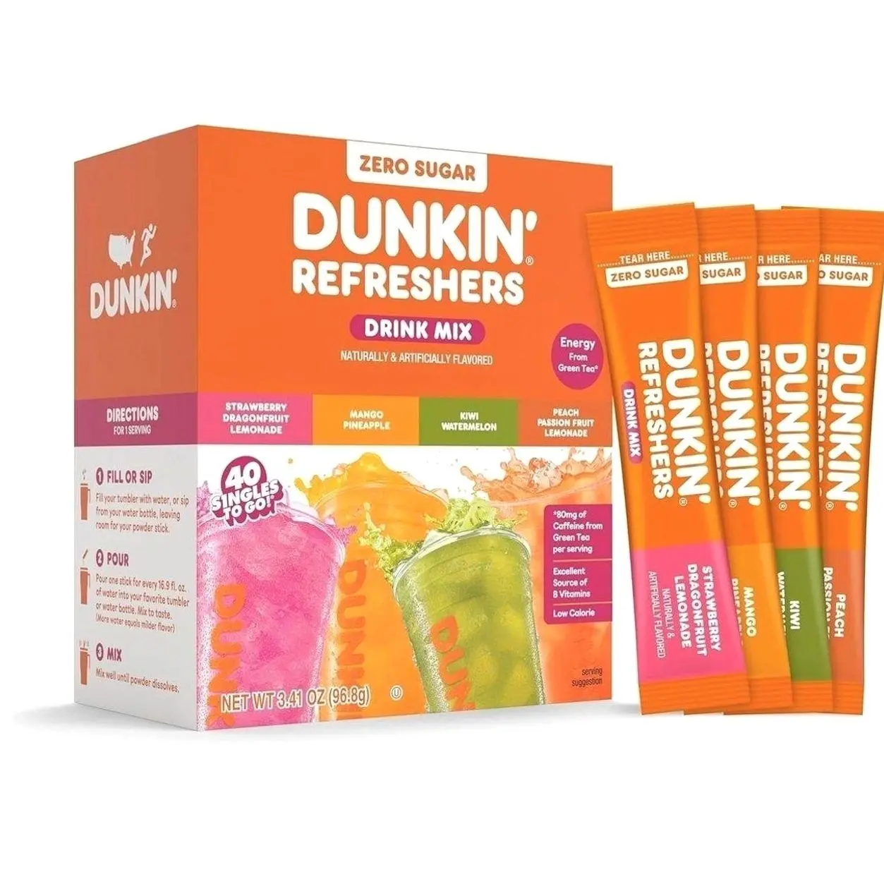 Dunkin’ Zero Sugar Refreshers Singles To Go! Powdered Drink Mix, 40 Ct Variety Pack, Energy from Green Tea, Aspartame-Free, Just Add Water