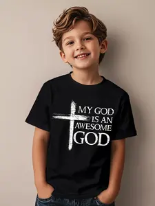 1My God Is An Awesome God Christian Graphic T-Shirt for - Black with White Cross & Bold Lettering, Comfortable Casual Round Neck Short Sleeve, Breathable Kids Church Apparel for Boys & Girls, Spring Summer Fall Faith-Based Casual Attire