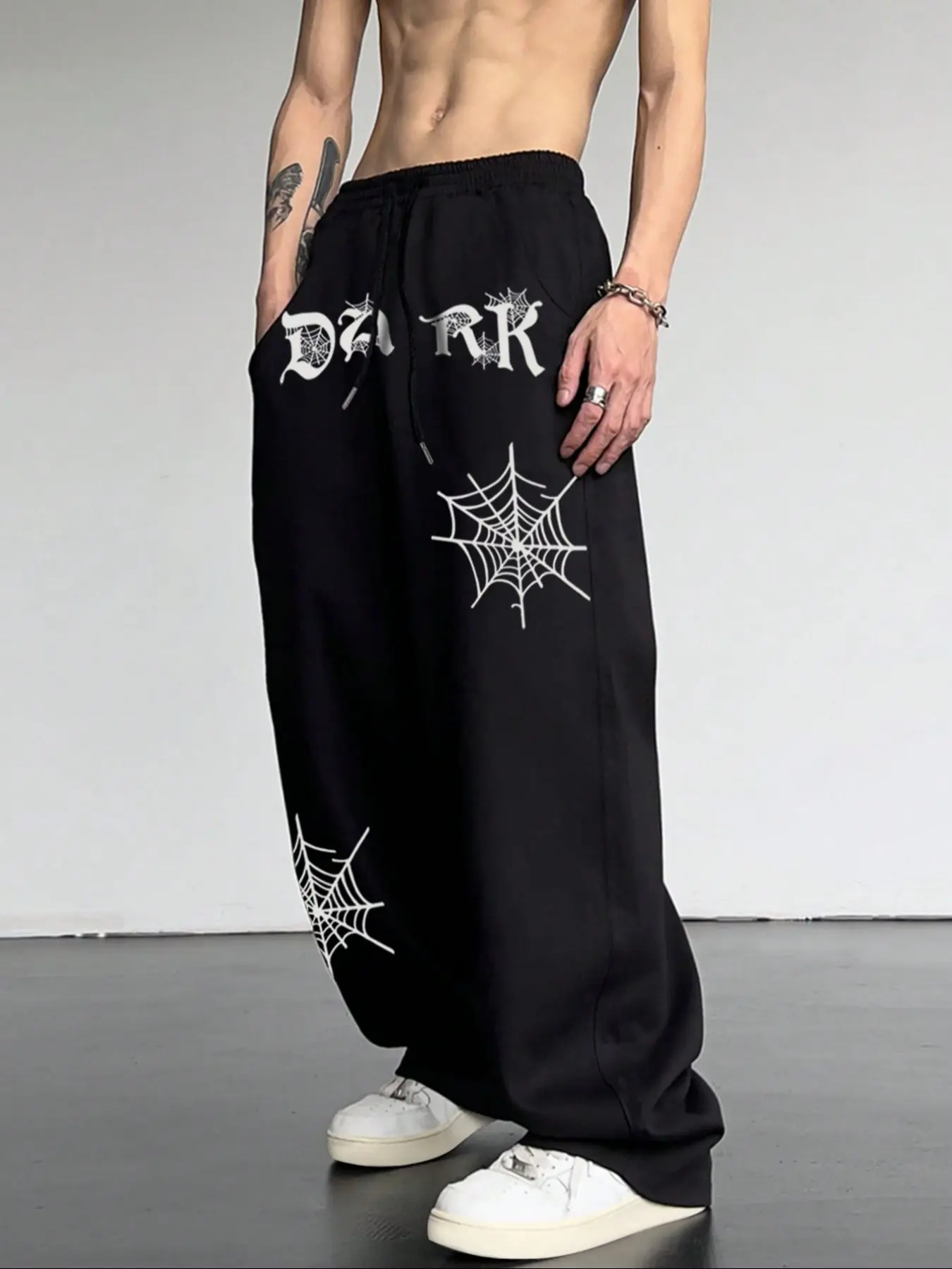 Men's Casual Sports Pants, Spider Web Print Drawstring Wide Leg Loose Fit, All Season Comfortable Men's Clothing for Daily Wear